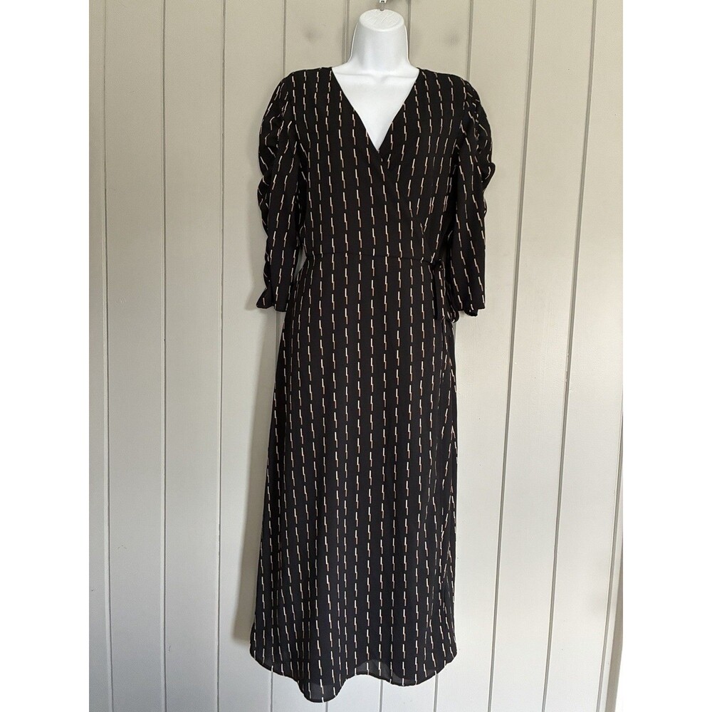Ichi Wrap Dress 38 M Medium Black 3/4 Sleeves Maxi Neck Chiffon Lined